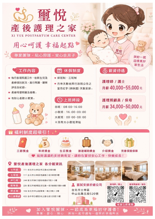 【徵才】璽悅產後護理之家　徵　護理師/護士 及 護理照顧員/保母，歡迎踴躍應徵！(另開新視窗/jpg檔)圖片