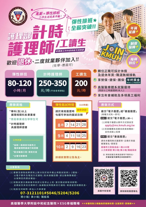 【轉知】高雄醫學大學附設中和紀念醫院　徵　部分工時人員(護理師、大夜護理師、藥師及工讀生)，歡迎踴躍應徵！(另開新視窗/jpg檔)圖片