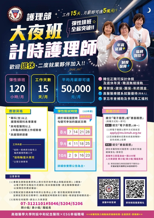 【轉知】高雄醫學大學附設中和紀念醫院　徵　部分工時人員(護理師、大夜護理師、藥師及工讀生)，歡迎踴躍應徵！(另開新視窗/jpg檔)圖片
