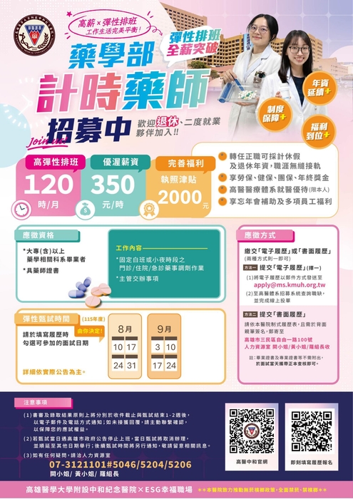 【轉知】高雄醫學大學附設中和紀念醫院　徵　部分工時人員(護理師、大夜護理師、藥師及工讀生)，歡迎踴躍應徵！(另開新視窗/jpg檔)圖片