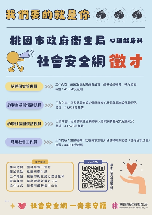【徵才】桃園市衛生局心理健康科　徵　約聘個案管理員、約聘關懷訪視員(社關)、約聘關懷訪視員(自關)(另開新視窗/jpg檔)圖片