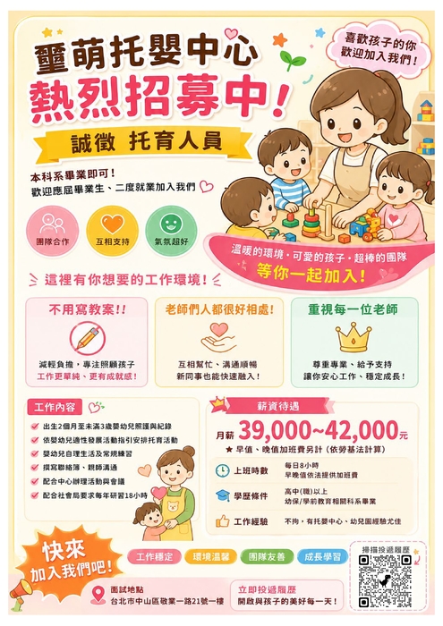 【徵才】臺北市私立璽萌托嬰中心　徵　托育人員，歡迎踴躍應徵！(另開新視窗/jpg檔)圖片